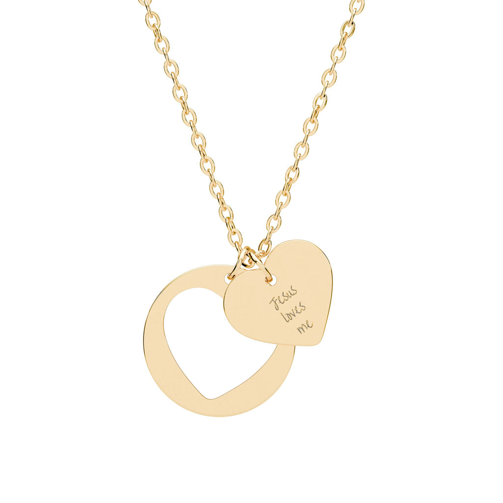 "Jesus Loves Me" Heart Cutout Necklace — Engraved Double Pendant in Silver, Rose Gold or Gold