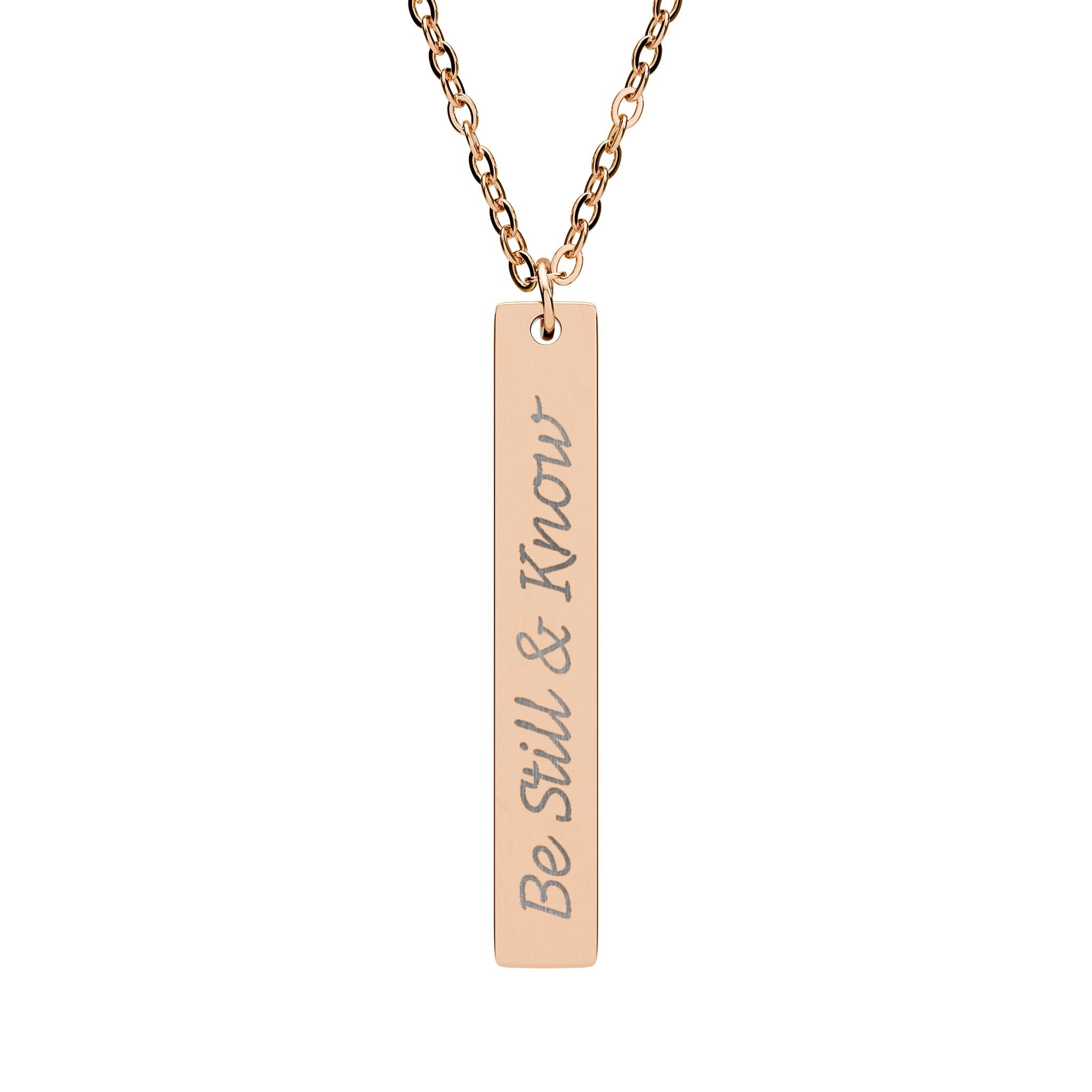 Engraved Vertical Bar Necklace — "Be Still & Know" Inspirational Pendant