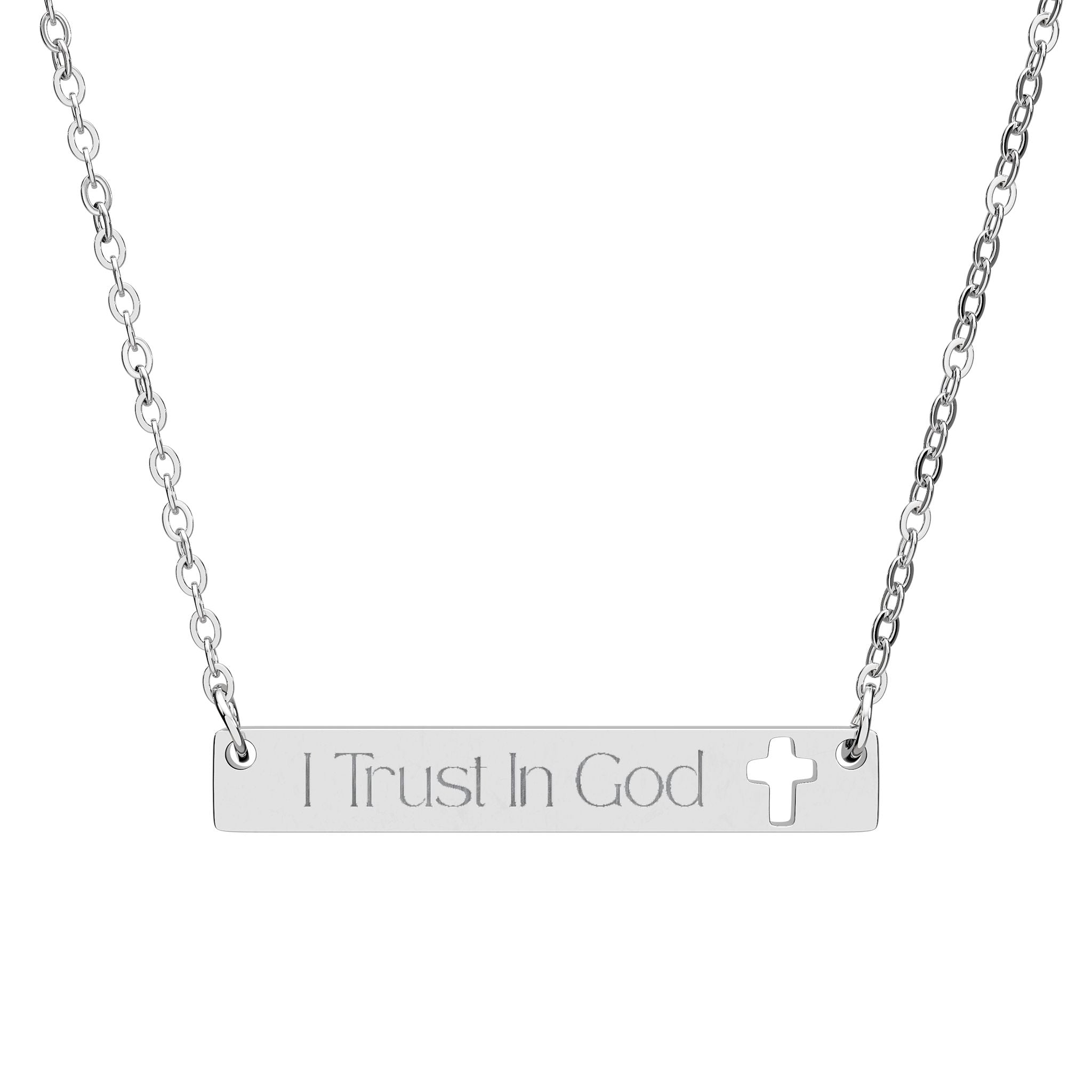 "I Trust In God" Engraved Cutout Cross Bar Necklace