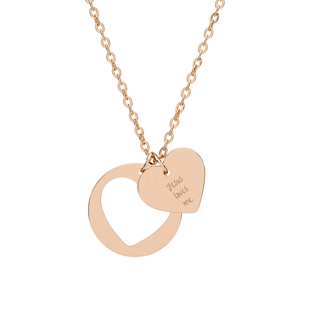 "Jesus Loves Me" Heart Cutout Necklace — Engraved Double Pendant in Silver, Rose Gold or Gold