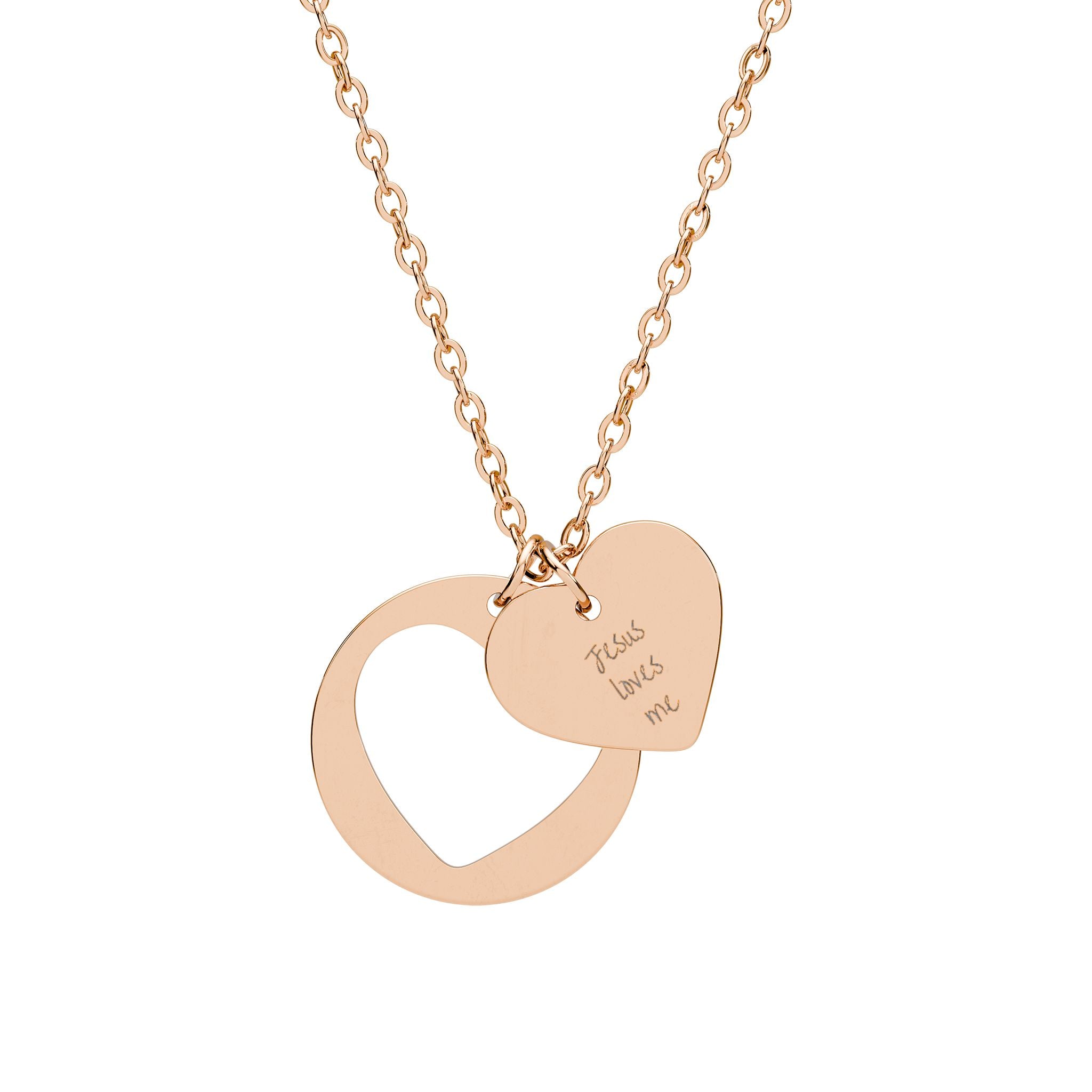 "Jesus Loves Me" Heart Cutout Necklace — Engraved Double Pendant in Silver, Rose Gold or Gold