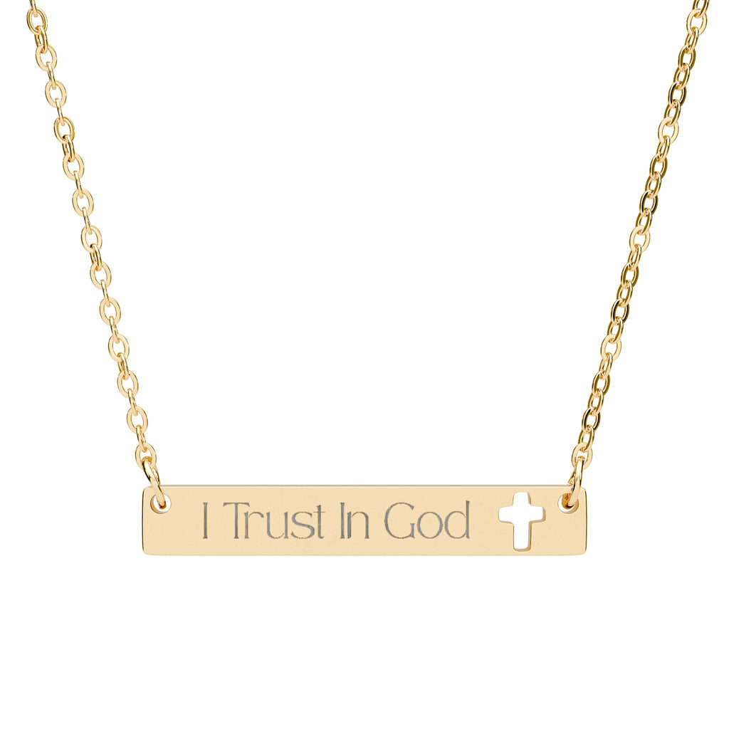 "I Trust In God" Engraved Cutout Cross Bar Necklace