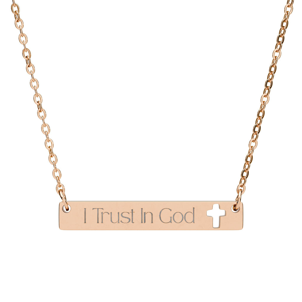 "I Trust In God" Engraved Cutout Cross Bar Necklace