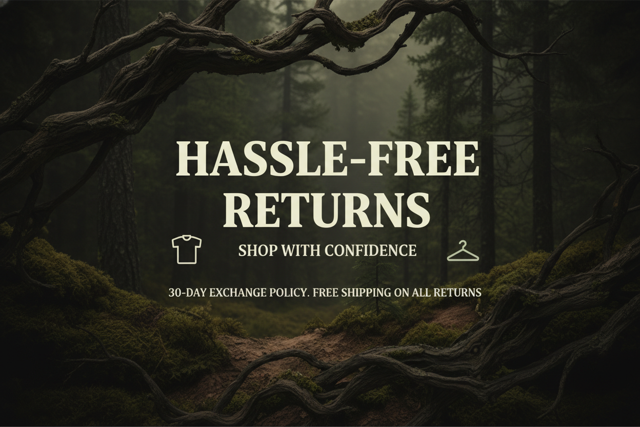 Dark Woodsy Return Policy Banner